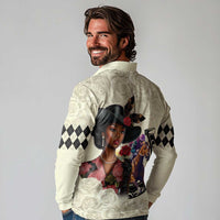 Kentucky Horse Racing Long Sleeve Polo Shirt Black Derby Lady Cream Roses