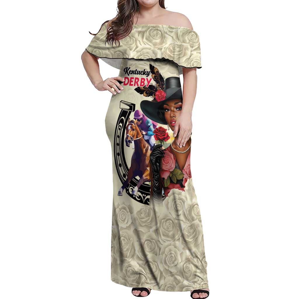 Kentucky Horse Racing Off Shoulder Maxi Dress Black Derby Lady Cream Roses