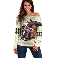 Kentucky Horse Racing Off Shoulder Sweater Black Derby Lady Cream Roses