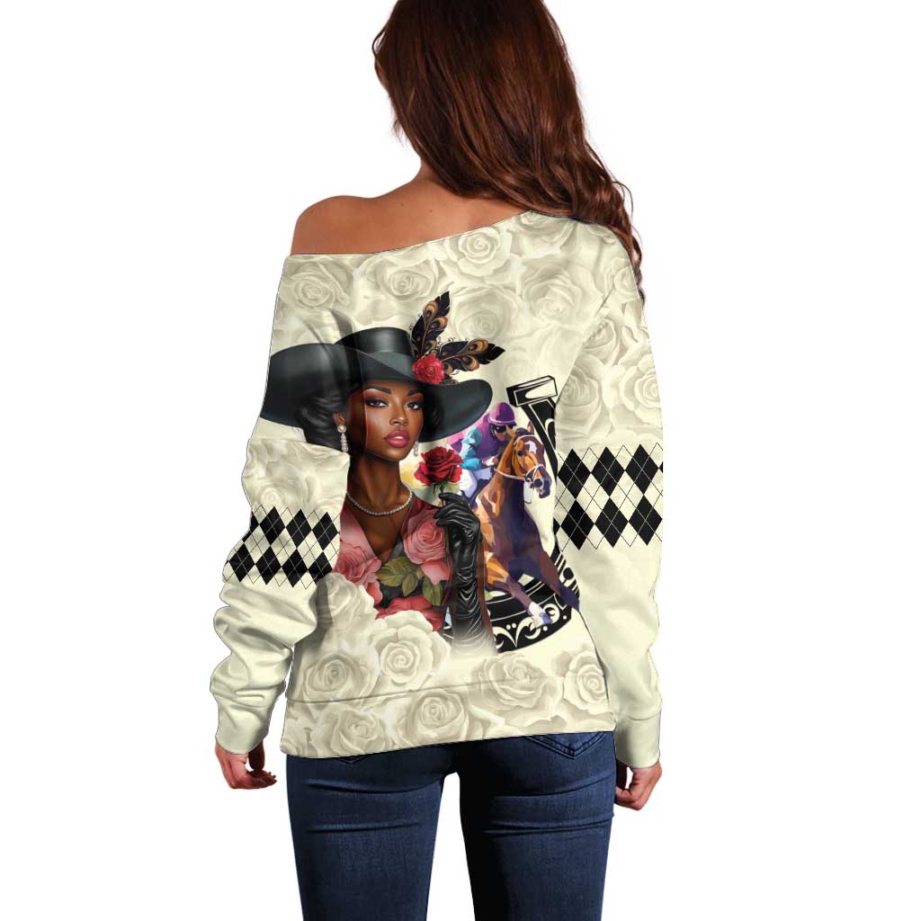 Kentucky Horse Racing Off Shoulder Sweater Black Derby Lady Cream Roses