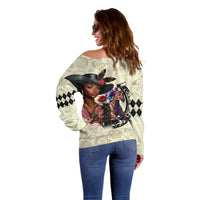 Kentucky Horse Racing Off Shoulder Sweater Black Derby Lady Cream Roses