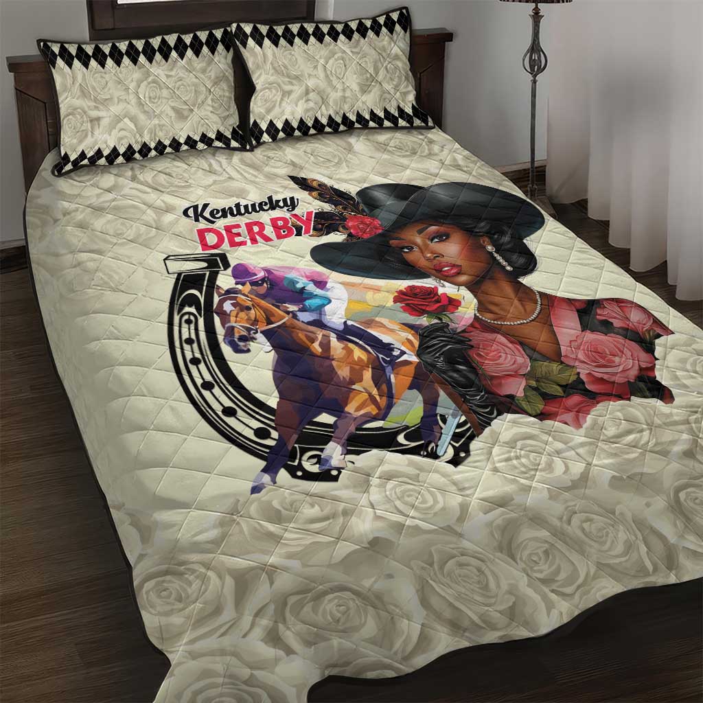 Kentucky Horse Racing Quilt Bed Set Black Derby Lady Cream Roses
