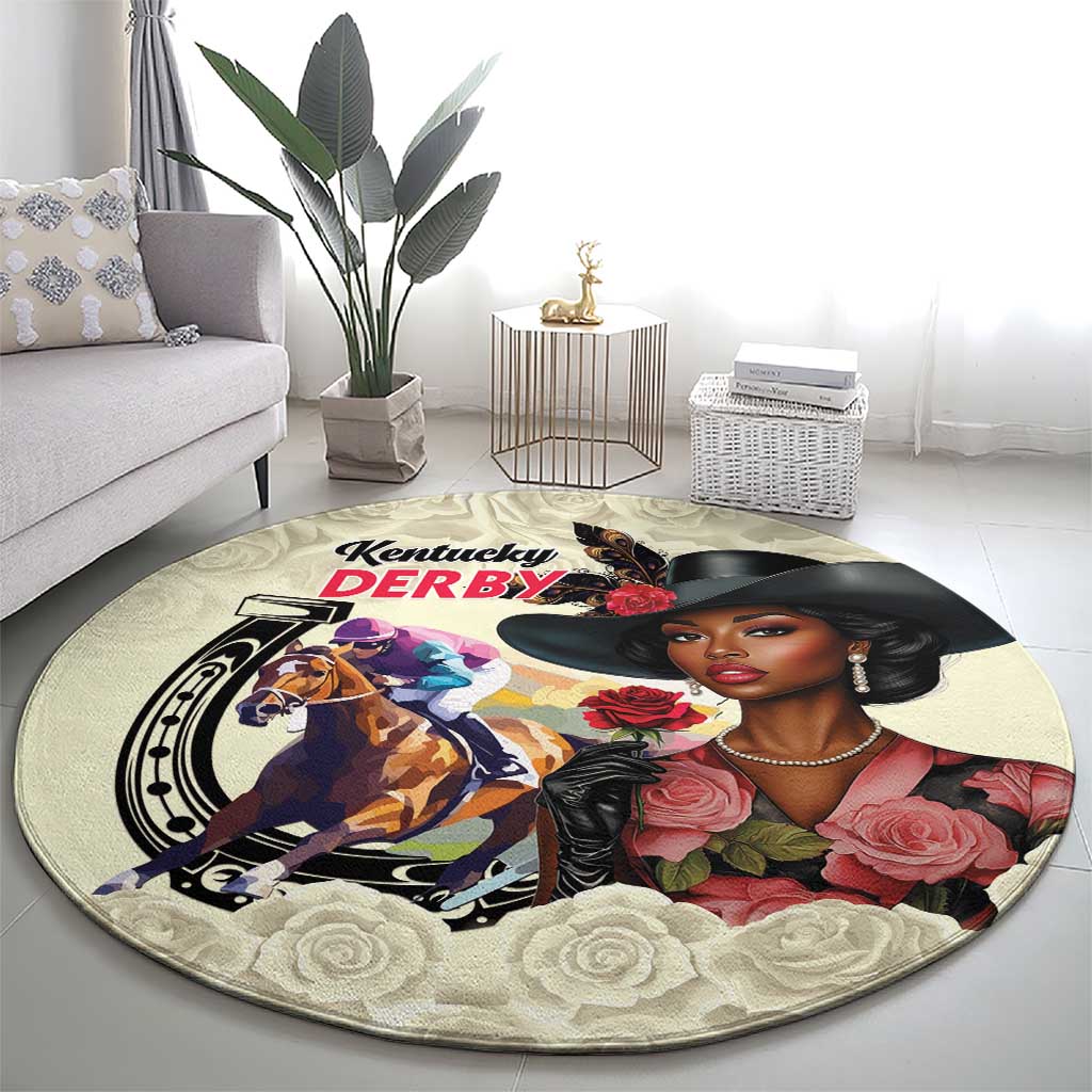 Kentucky Horse Racing Round Carpet Black Derby Lady Cream Roses