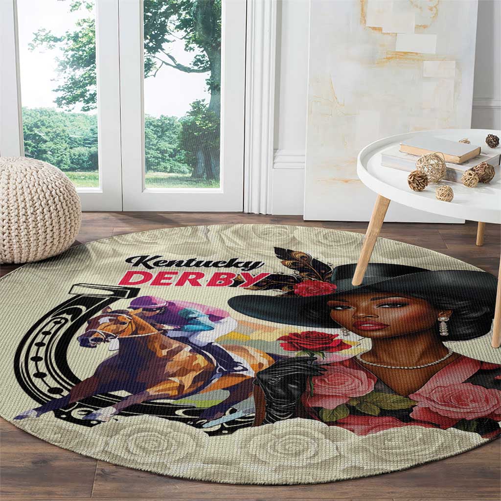 Kentucky Horse Racing Round Carpet Black Derby Lady Cream Roses