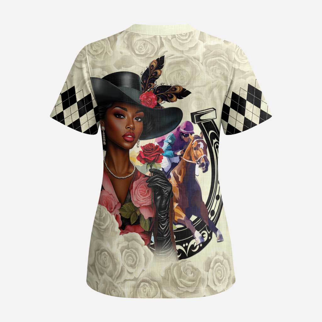Kentucky Horse Racing Scrub Top Black Derby Lady Cream Roses - Wonder Print Shop