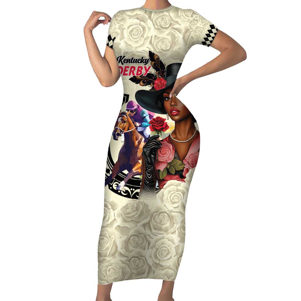 Kentucky Horse Racing Short Sleeve Bodycon Dress Black Derby Lady Cream Roses