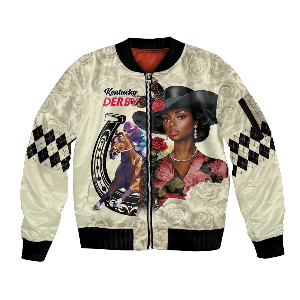 Kentucky Horse Racing Sleeve Zip Bomber Jacket Black Derby Lady Cream Roses