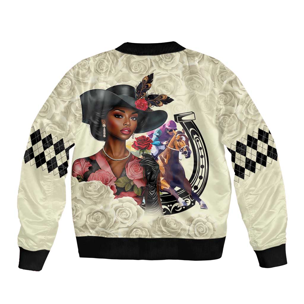 Kentucky Horse Racing Sleeve Zip Bomber Jacket Black Derby Lady Cream Roses