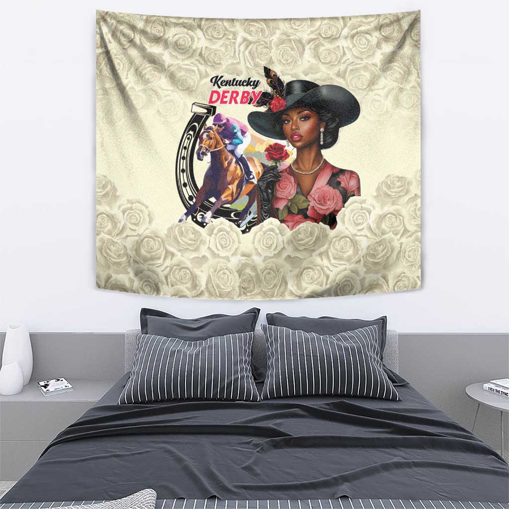 Kentucky Horse Racing Tapestry Black Derby Lady Cream Roses