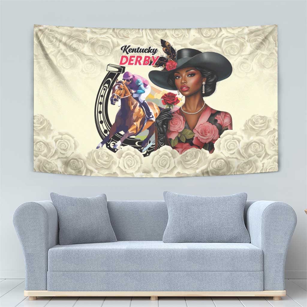 Kentucky Horse Racing Tapestry Black Derby Lady Cream Roses
