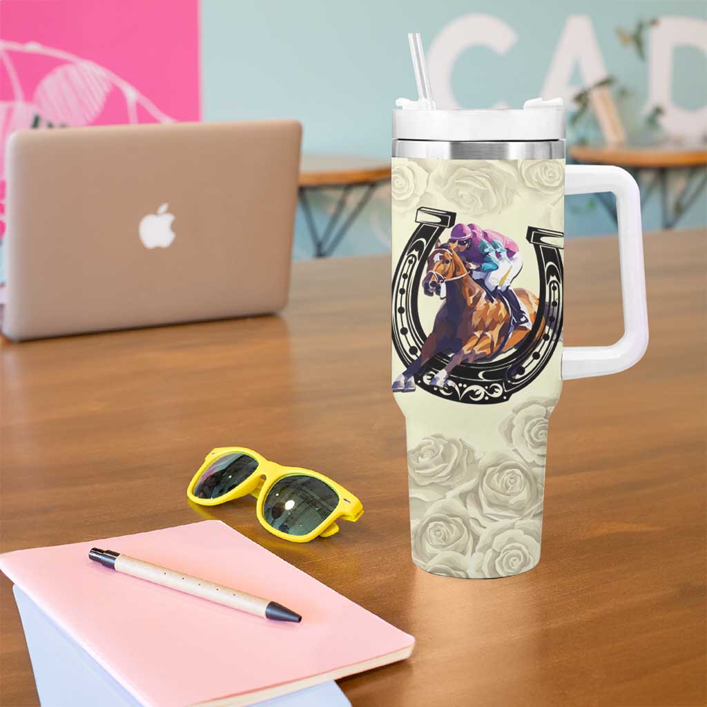Kentucky Horse Racing Tumbler With Handle Black Derby Lady Cream Roses