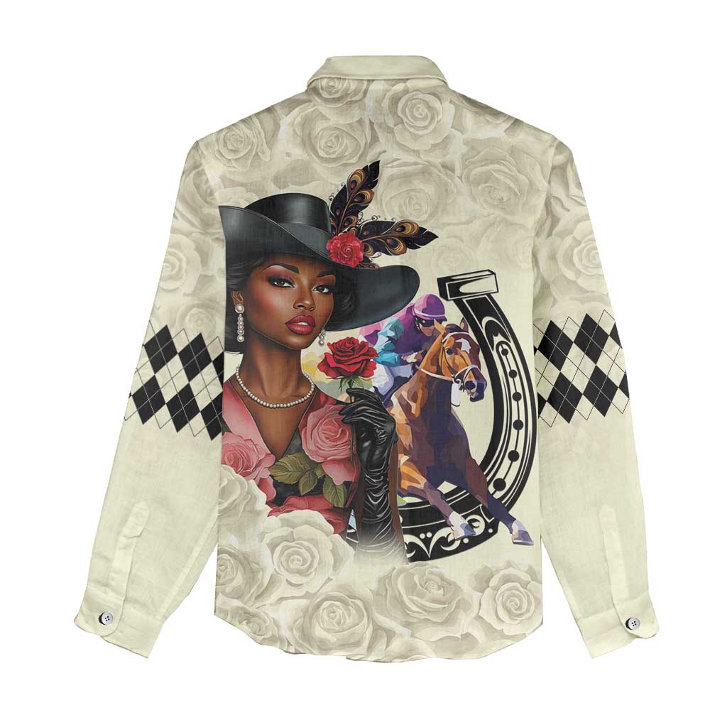 Kentucky Horse Racing Women Casual Shirt Black Derby Lady Cream Roses