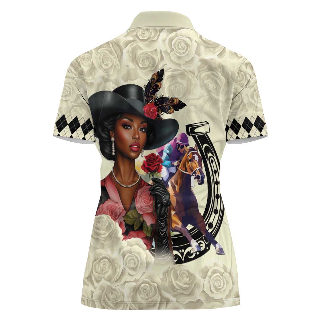 Kentucky Horse Racing Women Polo Shirt Black Derby Lady Cream Roses