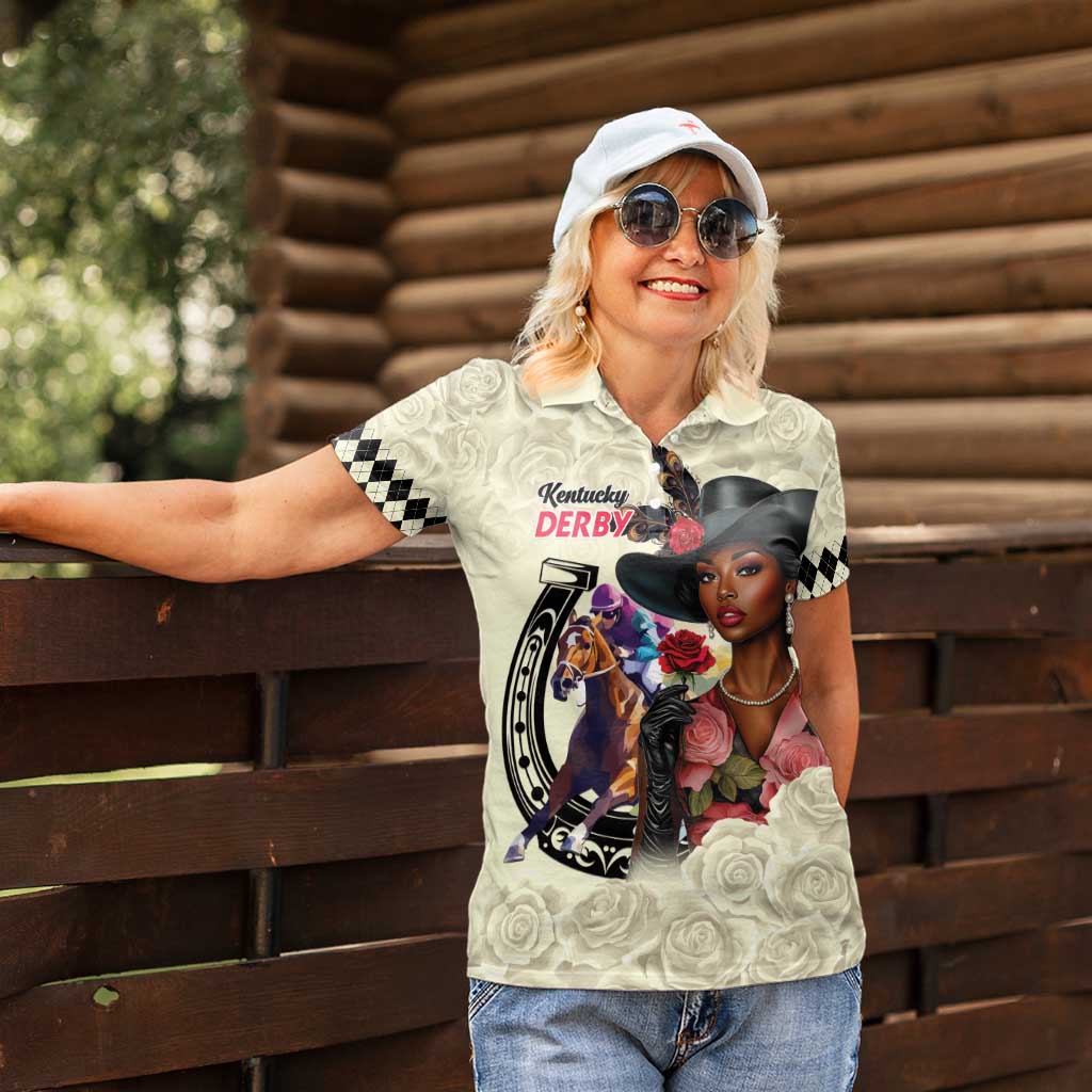 Kentucky Horse Racing Women Polo Shirt Black Derby Lady Cream Roses