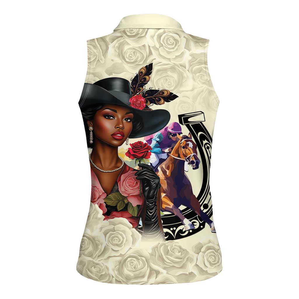 Kentucky Horse Racing Women Sleeveless Polo Shirt Black Derby Lady Cream Roses