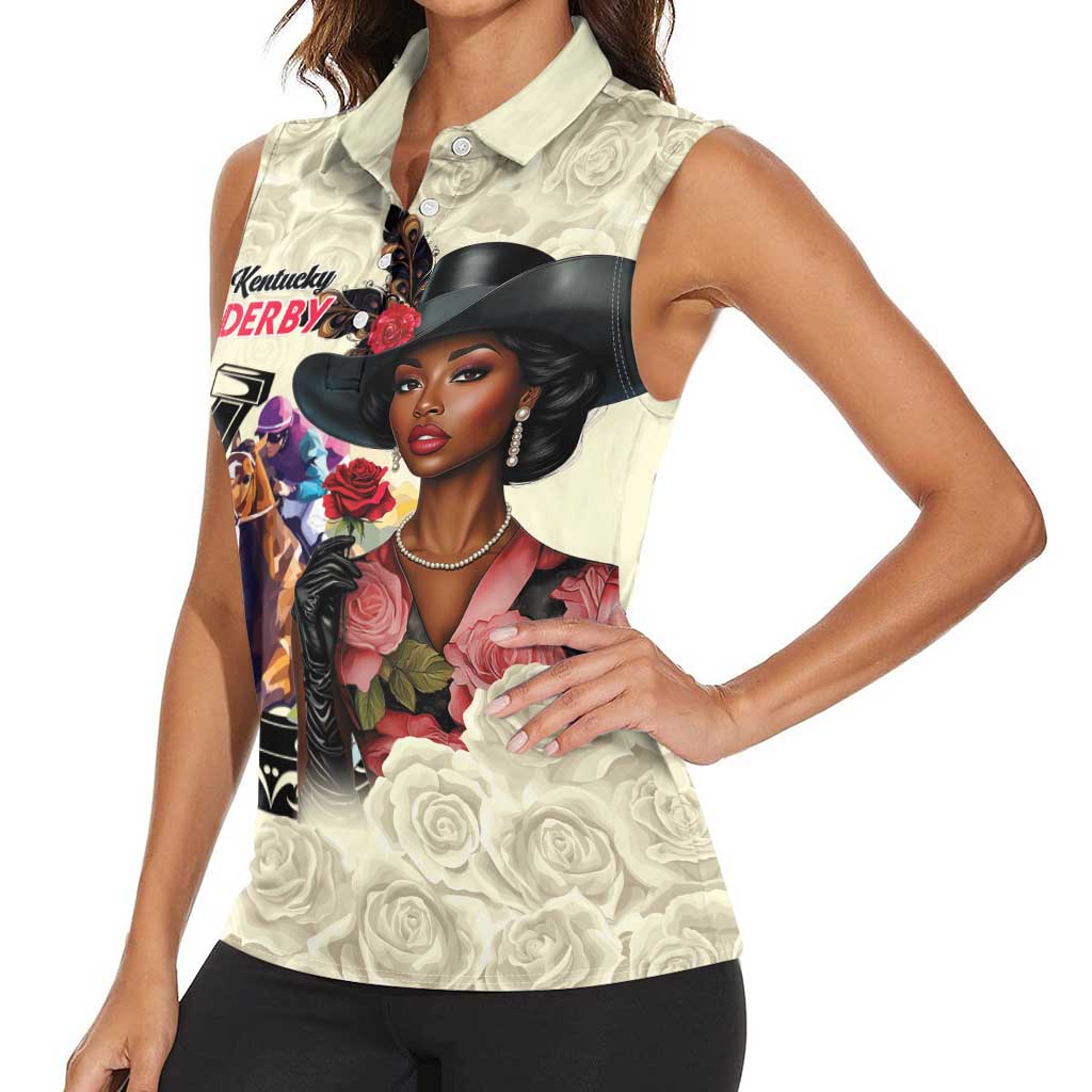 Kentucky Horse Racing Women Sleeveless Polo Shirt Black Derby Lady Cream Roses