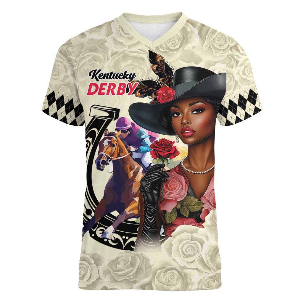 Kentucky Horse Racing Women V-Neck T-Shirt Black Derby Lady Cream Roses