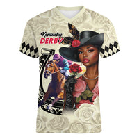 Kentucky Horse Racing Women V-Neck T-Shirt Black Derby Lady Cream Roses