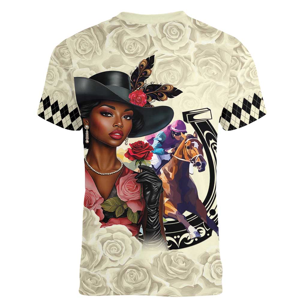 Kentucky Horse Racing Women V-Neck T-Shirt Black Derby Lady Cream Roses