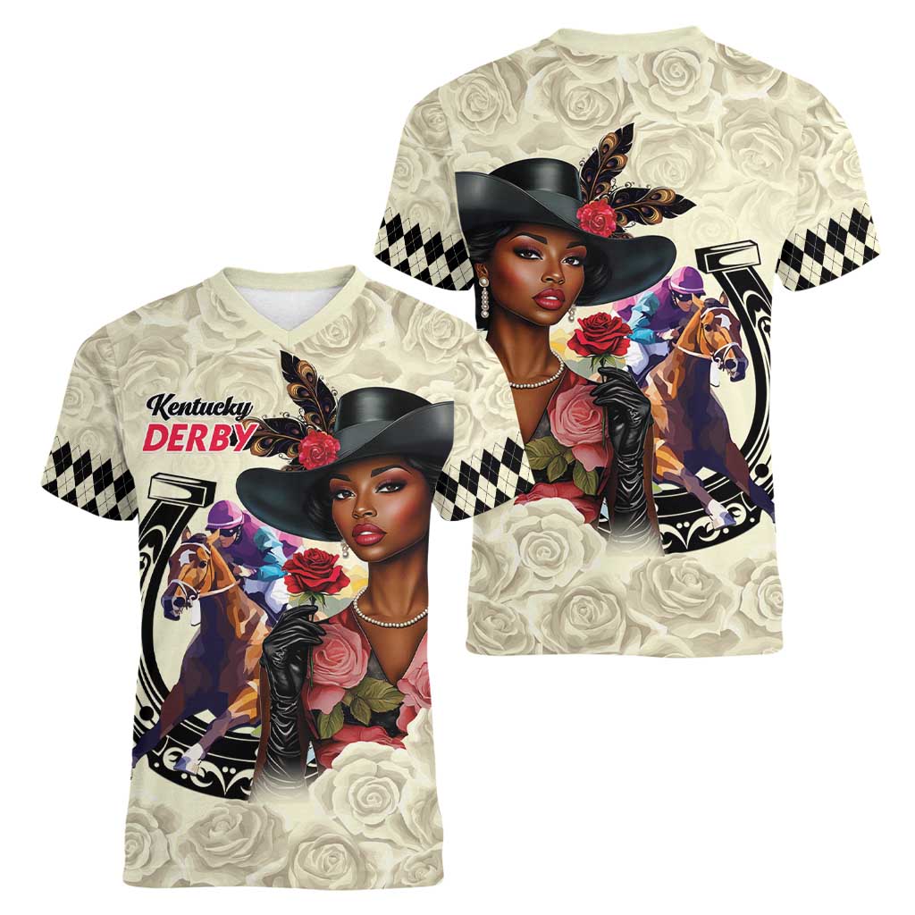 Kentucky Horse Racing Women V-Neck T-Shirt Black Derby Lady Cream Roses