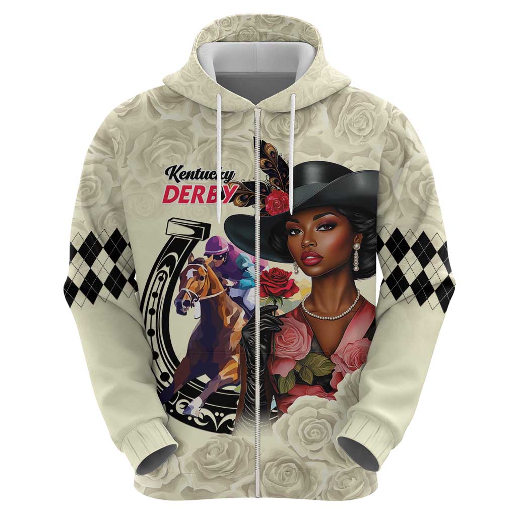 Kentucky Horse Racing Zip Hoodie Black Derby Lady Cream Roses