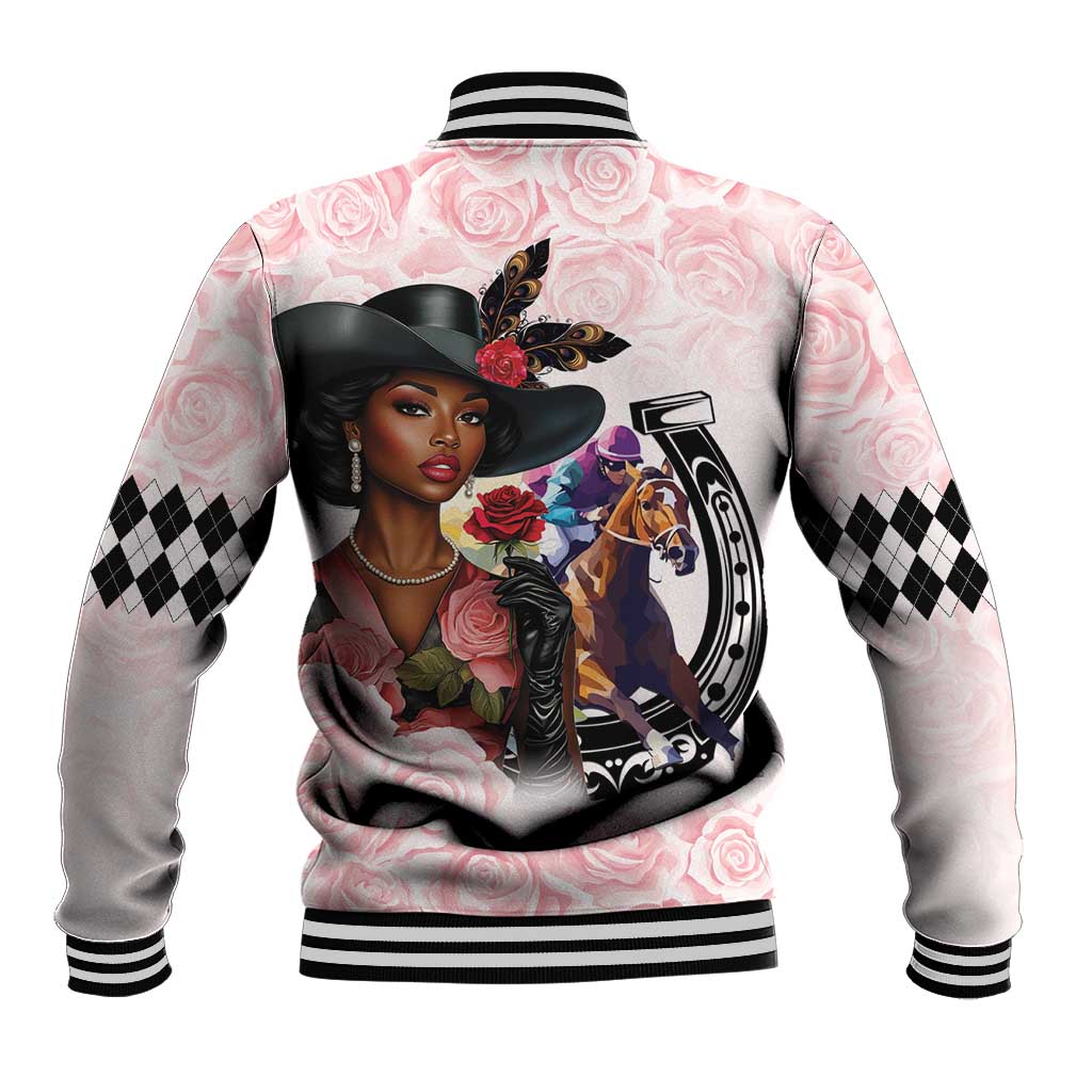 Kentucky Horse Racing Baseball Jacket Black Derby Lady Pink Roses