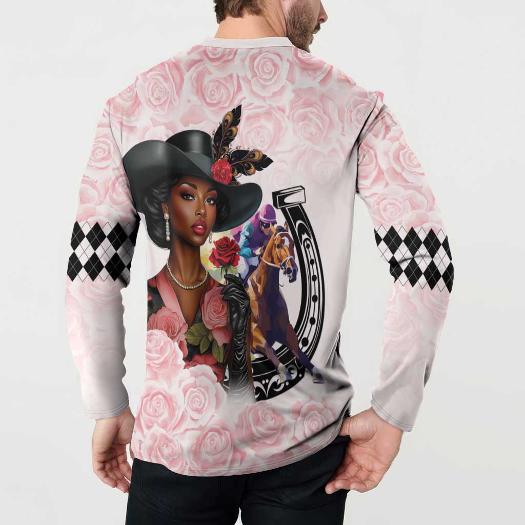 Kentucky Horse Racing Button Sweatshirt Black Derby Lady Pink Roses