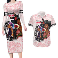 Kentucky Horse Racing Couples Matching Long Sleeve Bodycon Dress and Hawaiian Shirt Black Derby Lady Pink Roses
