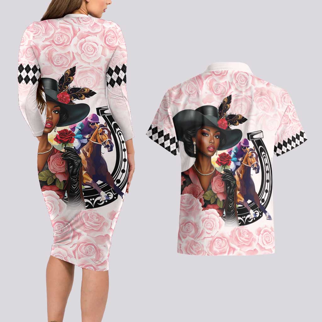 Kentucky Horse Racing Couples Matching Long Sleeve Bodycon Dress and Hawaiian Shirt Black Derby Lady Pink Roses