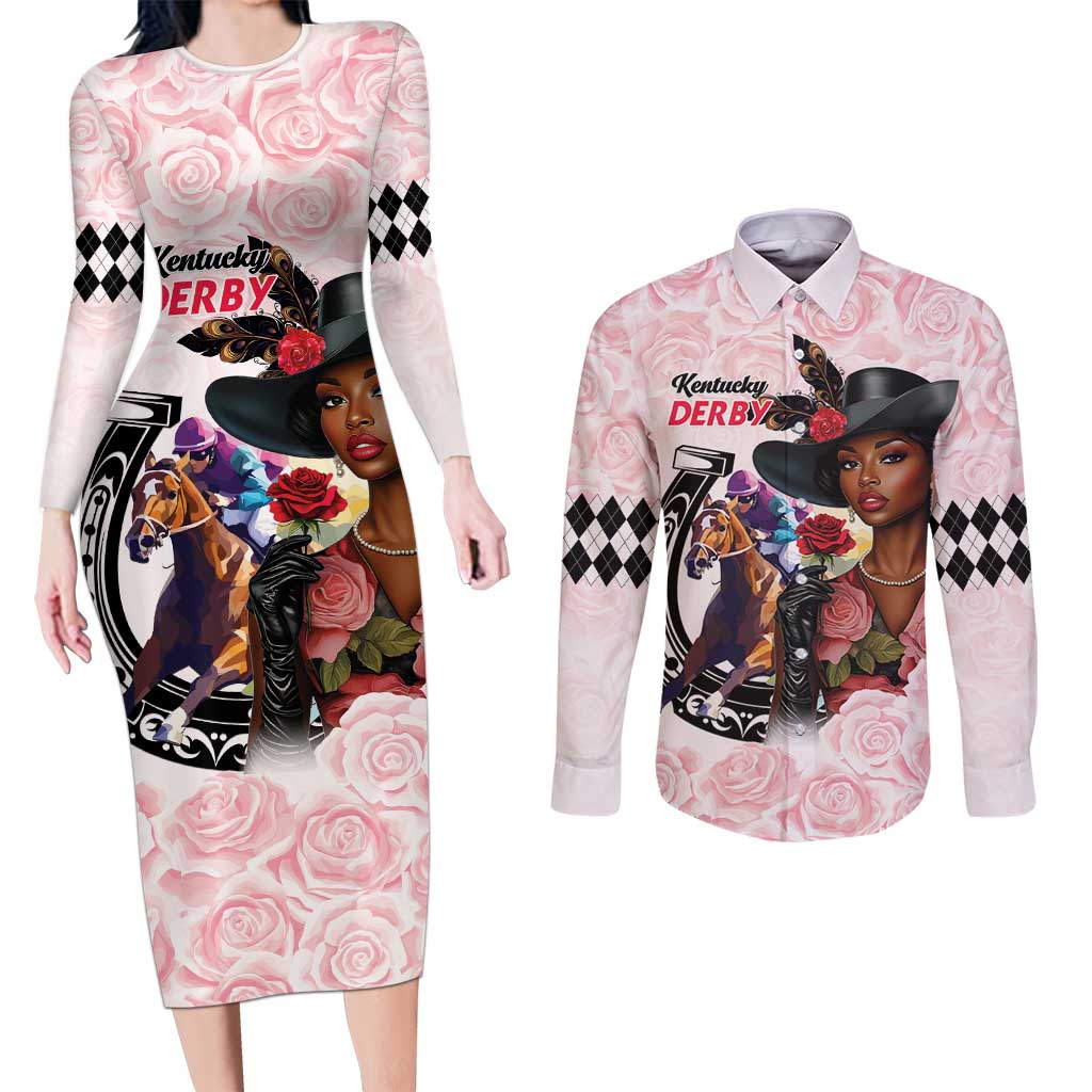 Kentucky Horse Racing Couples Matching Long Sleeve Bodycon Dress and Long Sleeve Button Shirt Black Derby Lady Pink Roses