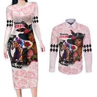 Kentucky Horse Racing Couples Matching Long Sleeve Bodycon Dress and Long Sleeve Button Shirt Black Derby Lady Pink Roses