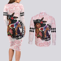 Kentucky Horse Racing Couples Matching Long Sleeve Bodycon Dress and Long Sleeve Button Shirt Black Derby Lady Pink Roses