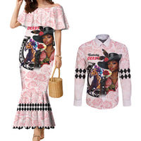 Kentucky Horse Racing Couples Matching Mermaid Dress and Long Sleeve Button Shirt Black Derby Lady Pink Roses