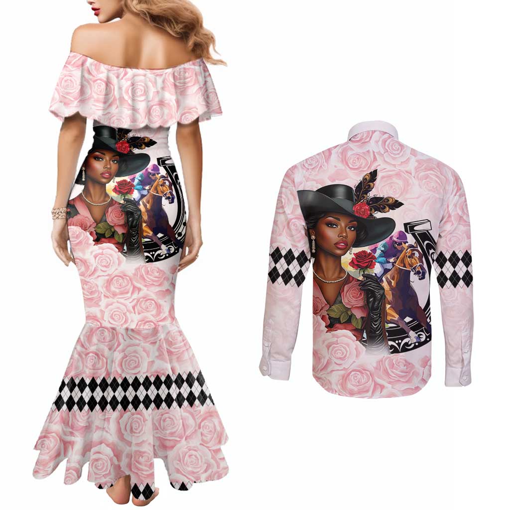 Kentucky Horse Racing Couples Matching Mermaid Dress and Long Sleeve Button Shirt Black Derby Lady Pink Roses