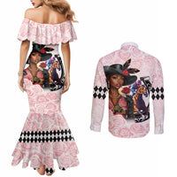Kentucky Horse Racing Couples Matching Mermaid Dress and Long Sleeve Button Shirt Black Derby Lady Pink Roses