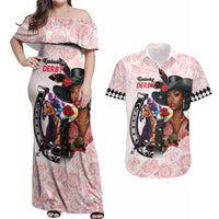 Kentucky Horse Racing Couples Matching Off Shoulder Maxi Dress and Hawaiian Shirt Black Derby Lady Pink Roses
