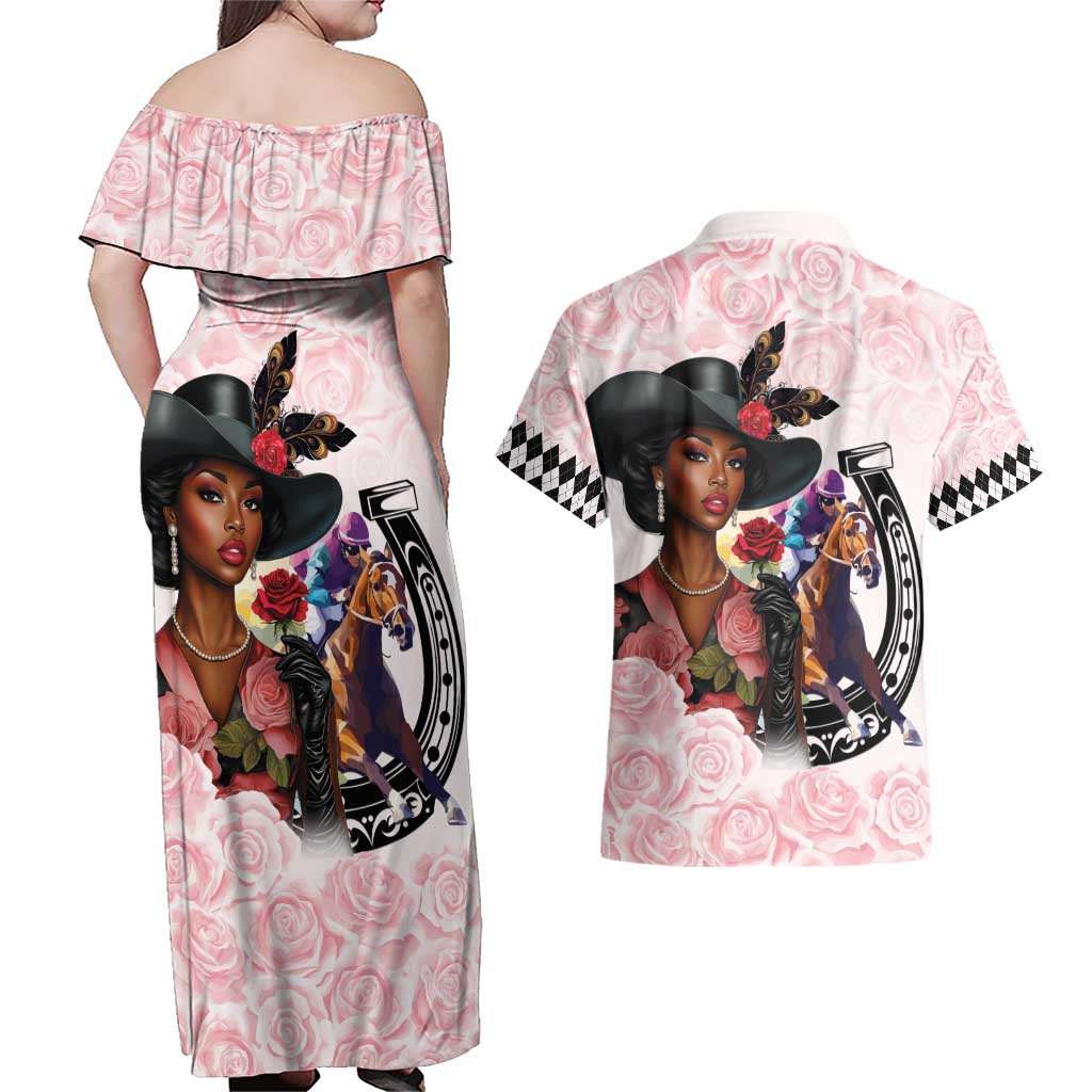 Kentucky Horse Racing Couples Matching Off Shoulder Maxi Dress and Hawaiian Shirt Black Derby Lady Pink Roses