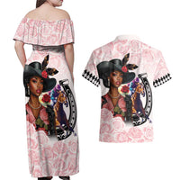 Kentucky Horse Racing Couples Matching Off Shoulder Maxi Dress and Hawaiian Shirt Black Derby Lady Pink Roses