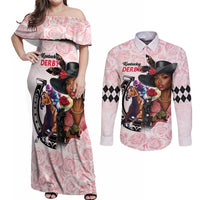 Kentucky Horse Racing Couples Matching Off Shoulder Maxi Dress and Long Sleeve Button Shirt Black Derby Lady Pink Roses