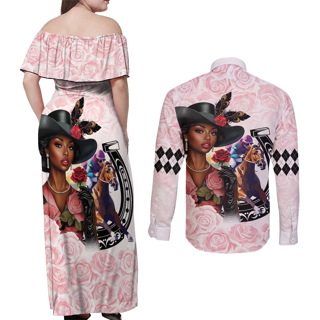 Kentucky Horse Racing Couples Matching Off Shoulder Maxi Dress and Long Sleeve Button Shirt Black Derby Lady Pink Roses