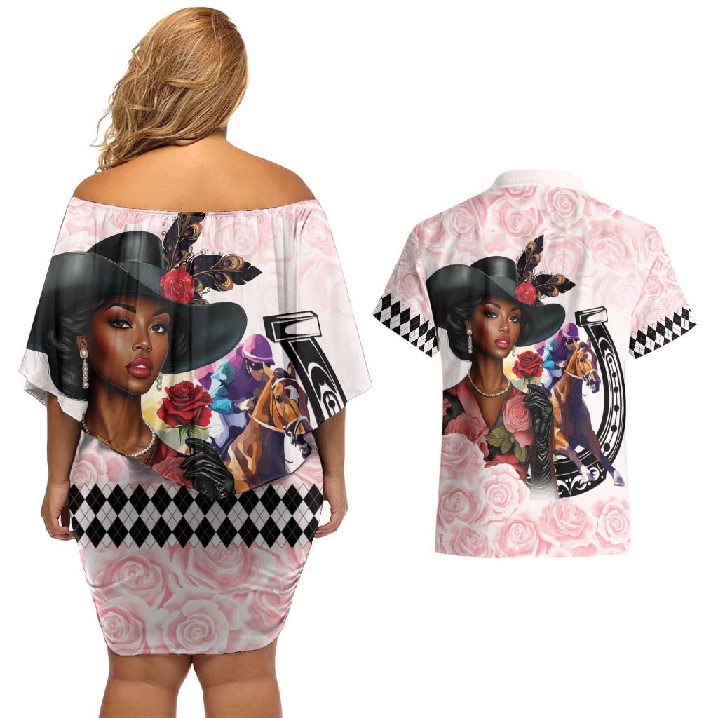 Kentucky Horse Racing Couples Matching Off Shoulder Short Dress and Hawaiian Shirt Black Derby Lady Pink Roses