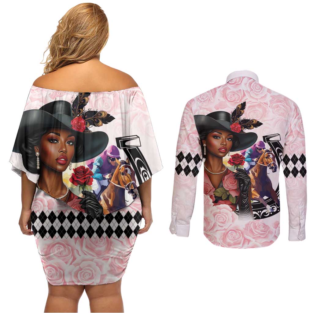 Kentucky Horse Racing Couples Matching Off Shoulder Short Dress and Long Sleeve Button Shirt Black Derby Lady Pink Roses