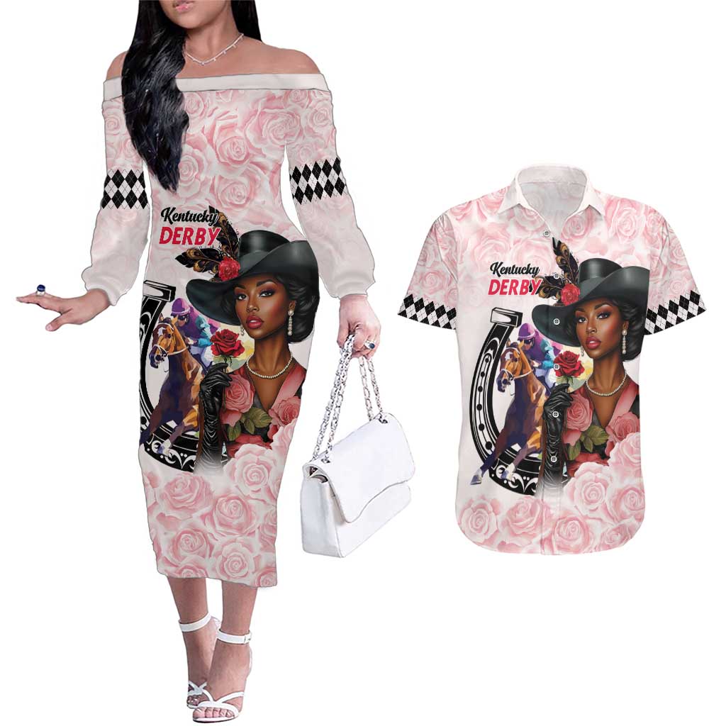 Kentucky Horse Racing Couples Matching Off The Shoulder Long Sleeve Dress and Hawaiian Shirt Black Derby Lady Pink Roses