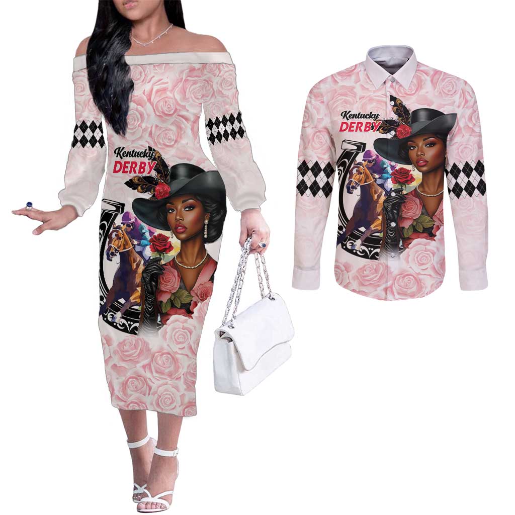 Kentucky Horse Racing Couples Matching Off The Shoulder Long Sleeve Dress and Long Sleeve Button Shirt Black Derby Lady Pink Roses