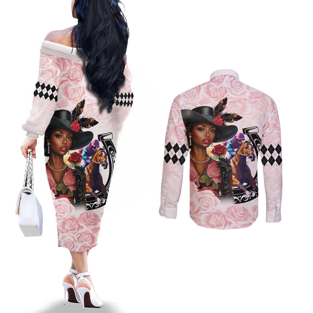 Kentucky Horse Racing Couples Matching Off The Shoulder Long Sleeve Dress and Long Sleeve Button Shirt Black Derby Lady Pink Roses