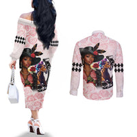 Kentucky Horse Racing Couples Matching Off The Shoulder Long Sleeve Dress and Long Sleeve Button Shirt Black Derby Lady Pink Roses