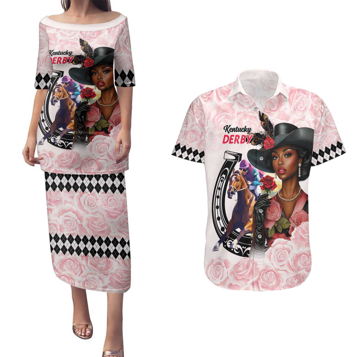 Kentucky Horse Racing Couples Matching Puletasi and Hawaiian Shirt Black Derby Lady Pink Roses