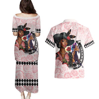 Kentucky Horse Racing Couples Matching Puletasi and Hawaiian Shirt Black Derby Lady Pink Roses