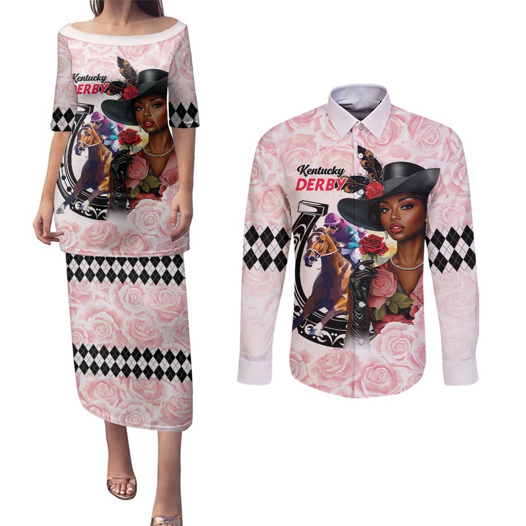 Kentucky Horse Racing Couples Matching Puletasi and Long Sleeve Button Shirt Black Derby Lady Pink Roses