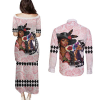 Kentucky Horse Racing Couples Matching Puletasi and Long Sleeve Button Shirt Black Derby Lady Pink Roses